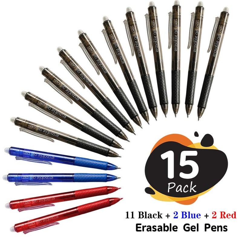 Lineon Erasable Gel Pens, 15 Pack Retractable Erasable Pens Clicker, Fine Point, Make Mistakes Disappear, 11 Black 2 Blue 2 Red Inks for Writing Planner and Crossword Puzzlesâ€¦ - Image 2
